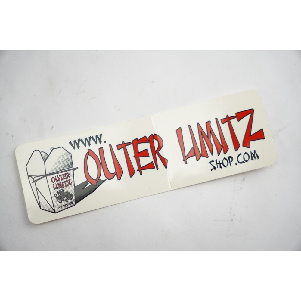 Vintage Outer Limitz Skate Shop Bumper Sticker White Red Takeout Box